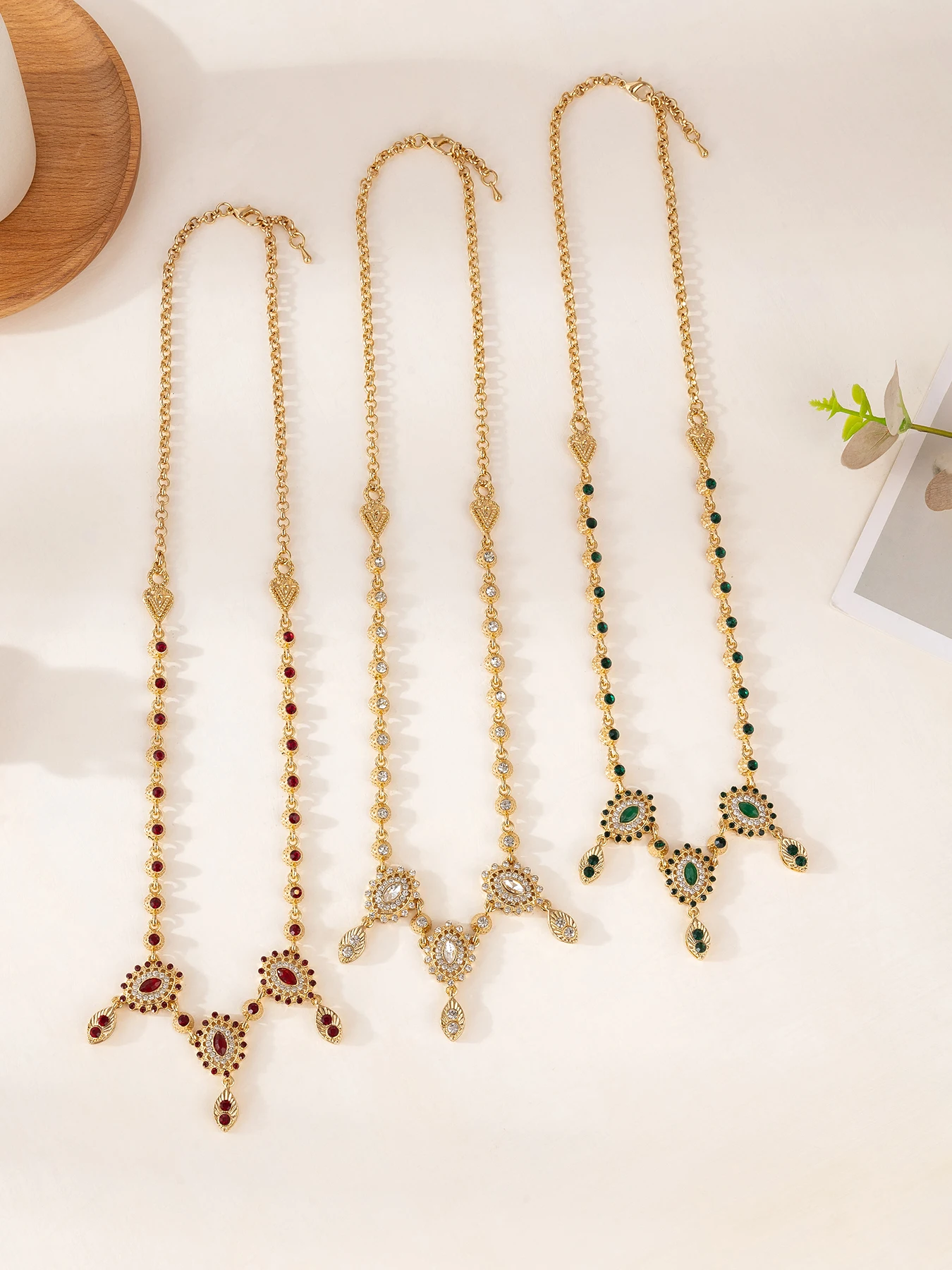 Moroccan Luxury Gold Plated Bride Headwear Diamond Embedded Earrings Necklace Dual Use Elegant Wedding Accessory