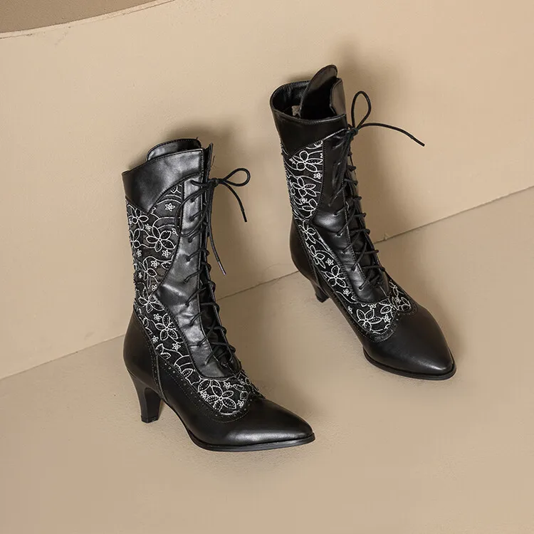 Women Vintage Mesh Mid Calf Rider Boots Embroidered Lace Up Chunky Heel Sandal Boots Plus Size EU34-48