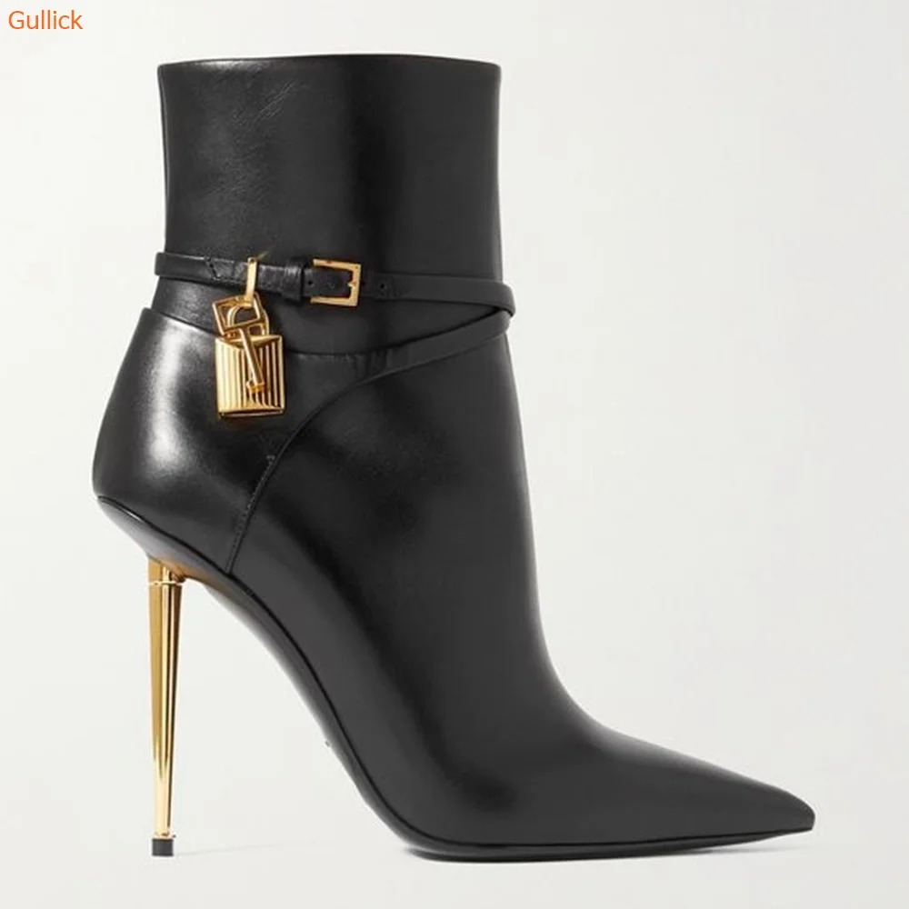 Solid Color Pointed Toe Ankle Boots Gold Lock Metal Heel Stiletto Heel 10CM Women Patent Leather Suede Short Boots 44 SIZE