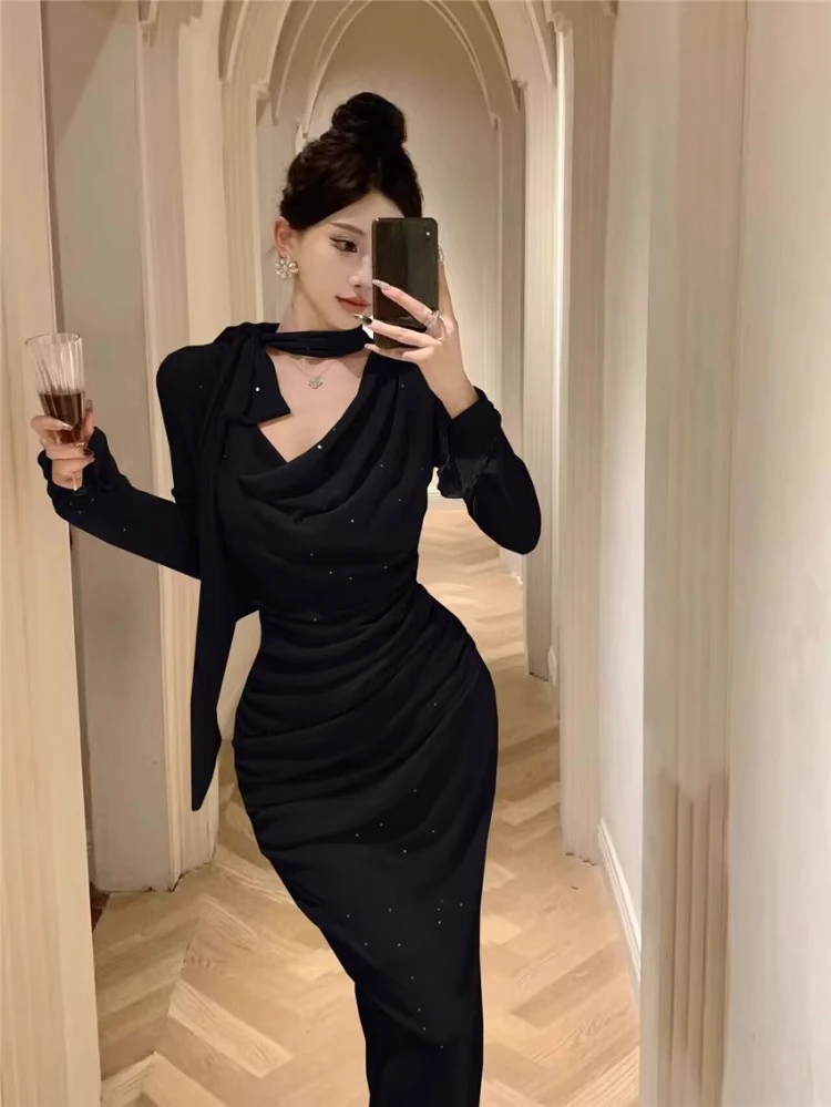 Ezgaga Temperament Dresses Women Bow Bandage Swinging Collar Flare Long Sleeve Solid Vintage Elegant Dress French Style