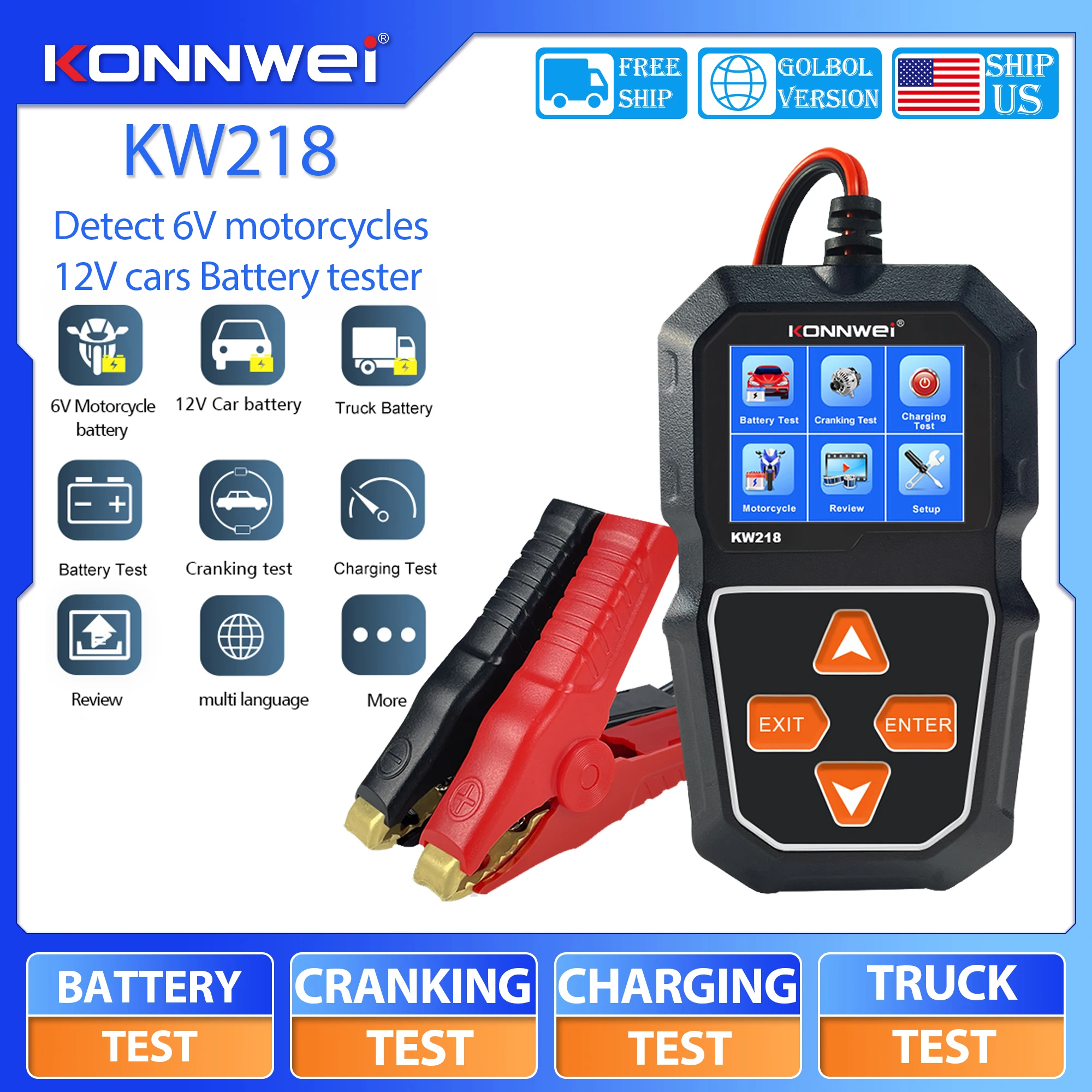 

KONNWEI KW218 6V 12V Car Motorcycle Battery Tester Automotive Battery Analyzer Diagnostic Tool