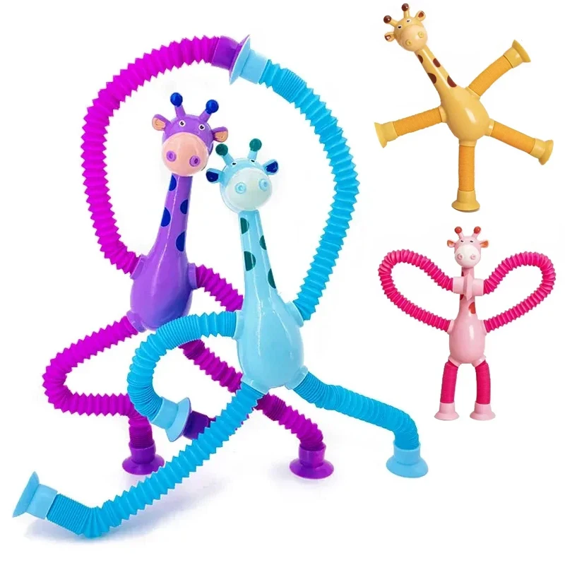 Children Christmas Suction Cup Toys Pop Tubes Stress Relief Telescopic Giraffe Montessori Educational Learning Toy Kids Gift