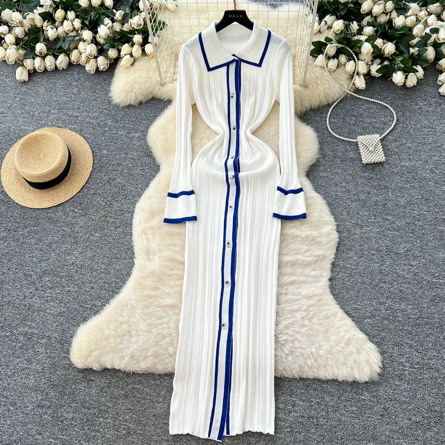 Schickes Vintage-Kleid mit einreihigem Polo-Ausschnitt und langen Ärmeln, koreanisches Mode-Herbst-Winter-Damenbekleidungskleid