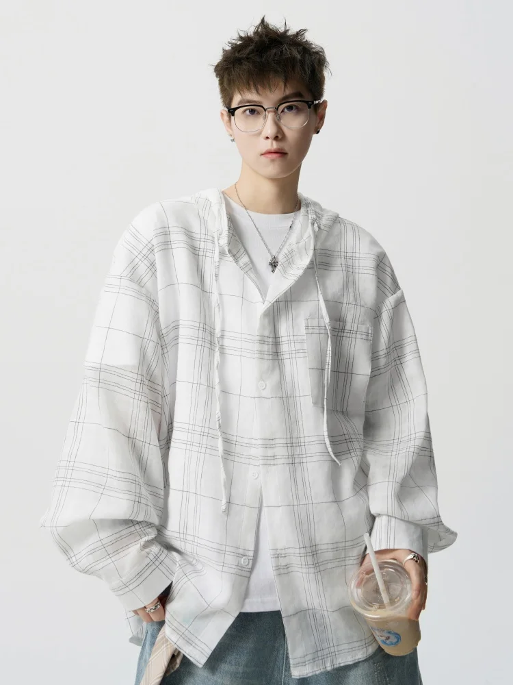 Cleanfit White Plaid Hooded Shirt Ice Silk Lightweight Loose Feel Summer Men Women Outerwear Breathable Sun Protection