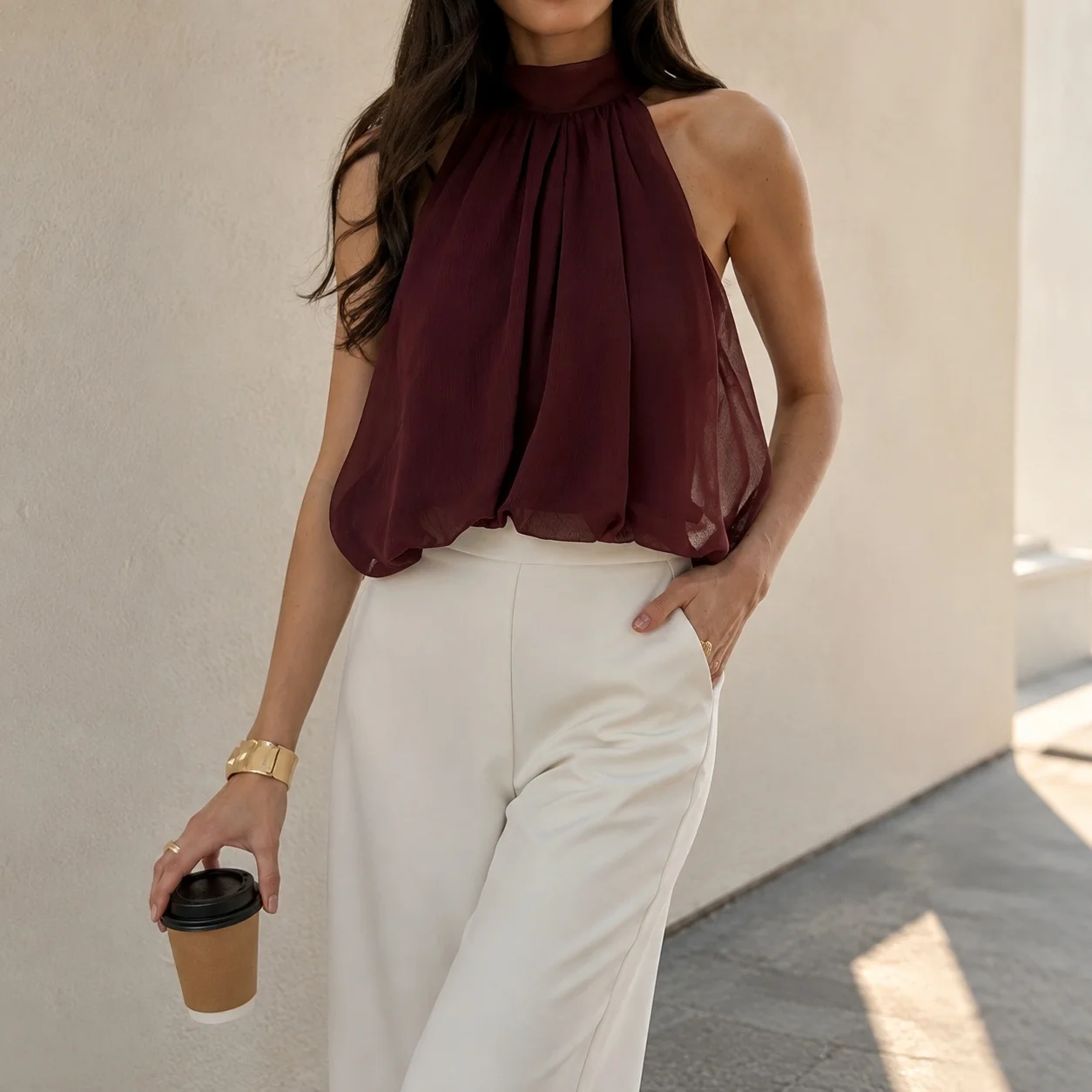 Sleeveless Woven Top Flared Elegant with Scarf Neck Tie Detail Flared Hem Dominatrix Style Private Celebrity Style Top Women
