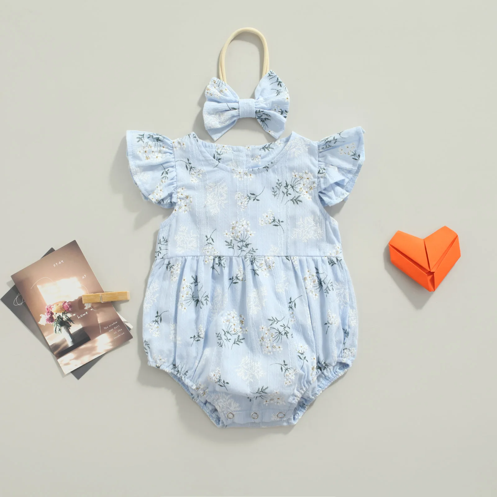 Baby Romper with Hairband Kids Floral Print Round Neck Fly Sleeve Bodysuit+ Headband for Summer Blue/Yellow 0-24 Months