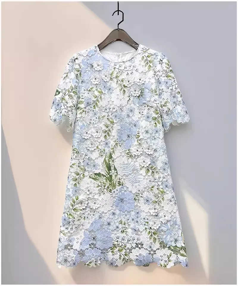 

Novia Party 2025 Autumn Fashion Style Lady Crochet Lace Embroidery Crystal Beading Deco Short Sleeve Lace Dress Sexy Above Knee