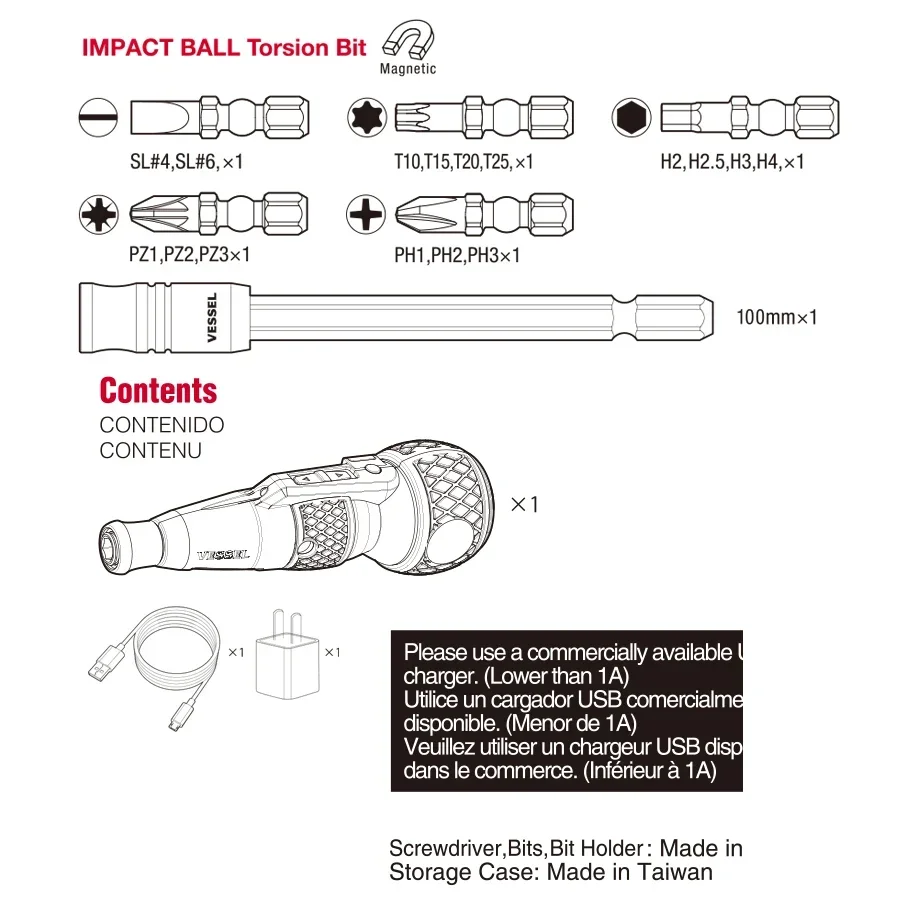 VESSEL 17pcs Ball Grip Electric Screwdriver with PH2 Driver Bit Cordless USB Rechargeable Screwdriver Power Tool 220USB-17C