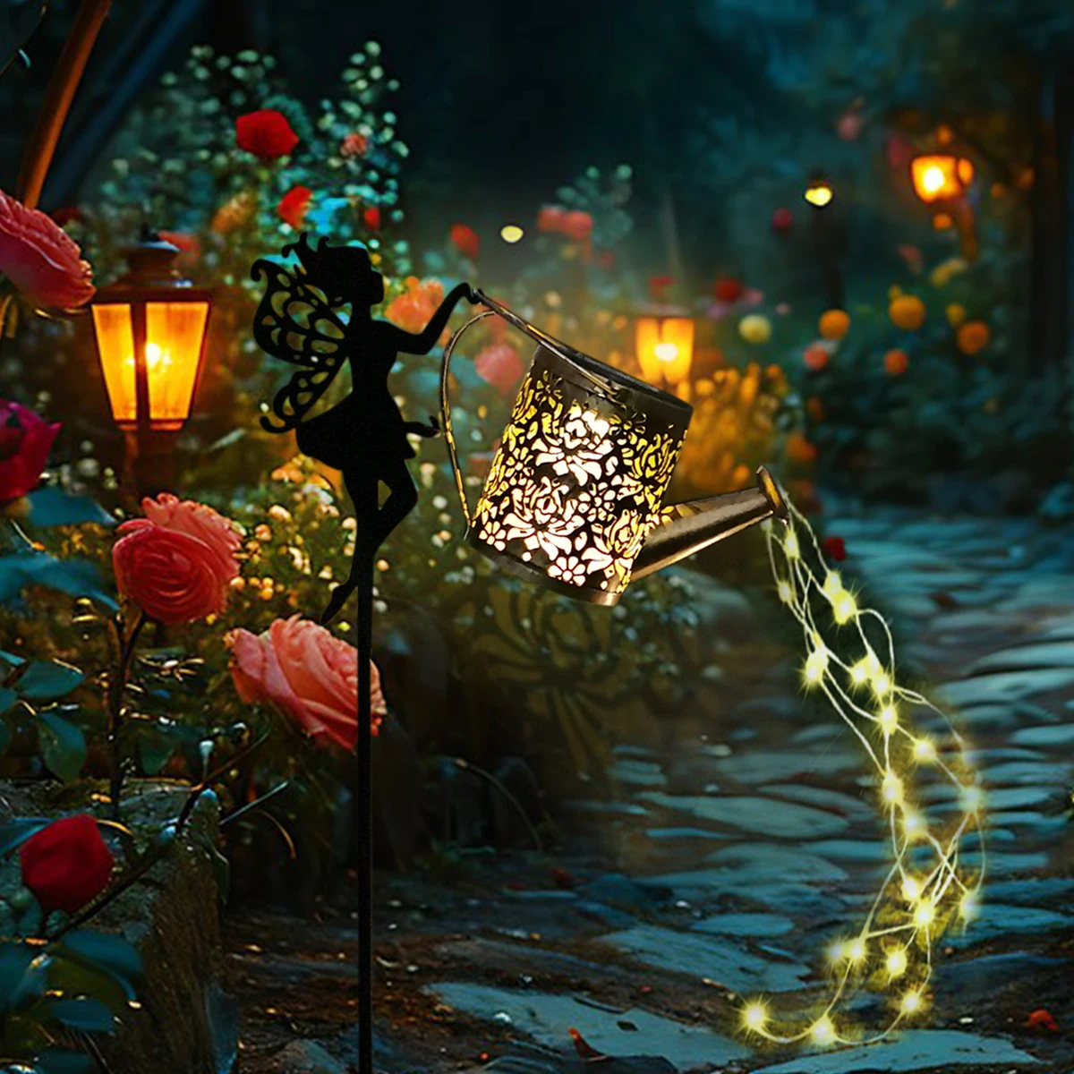 Solar Watering Can Light With Fairy String Lights Flowing Water Effect Outdoor Garden Patio Yard Landscape Decoration Lighting