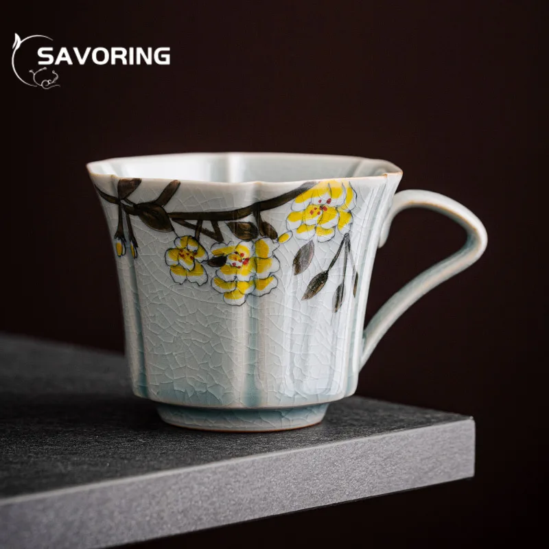 160ml Borneol Glaze Coffee Cup Pure Hand-painted Wood Fragrant Flower Ceramic Mug Master Cup Household Breakfast Master Milk Cup