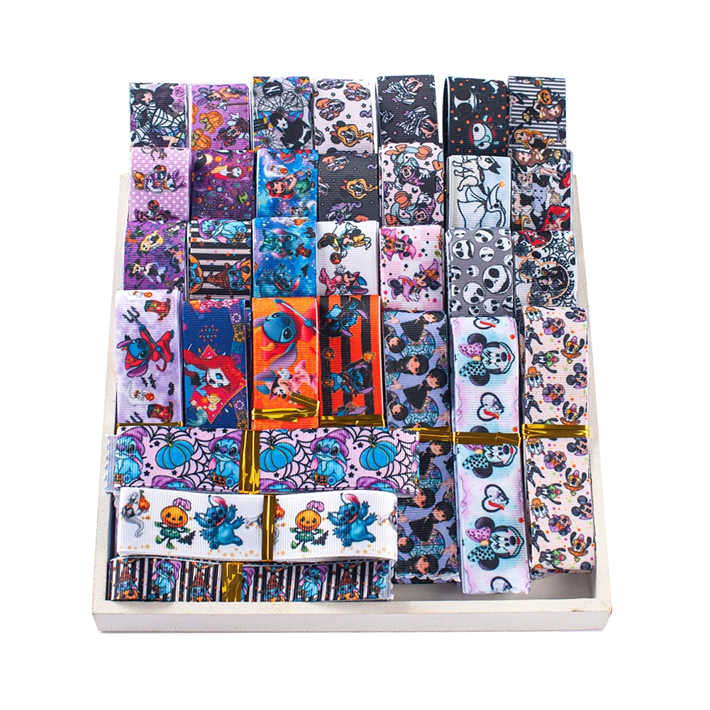 NEW Random Set Mixed 5/10 style 22/25mm Halloween Disney Cartoon Characters Printed Grosgrain Ribbons ,1Y/style