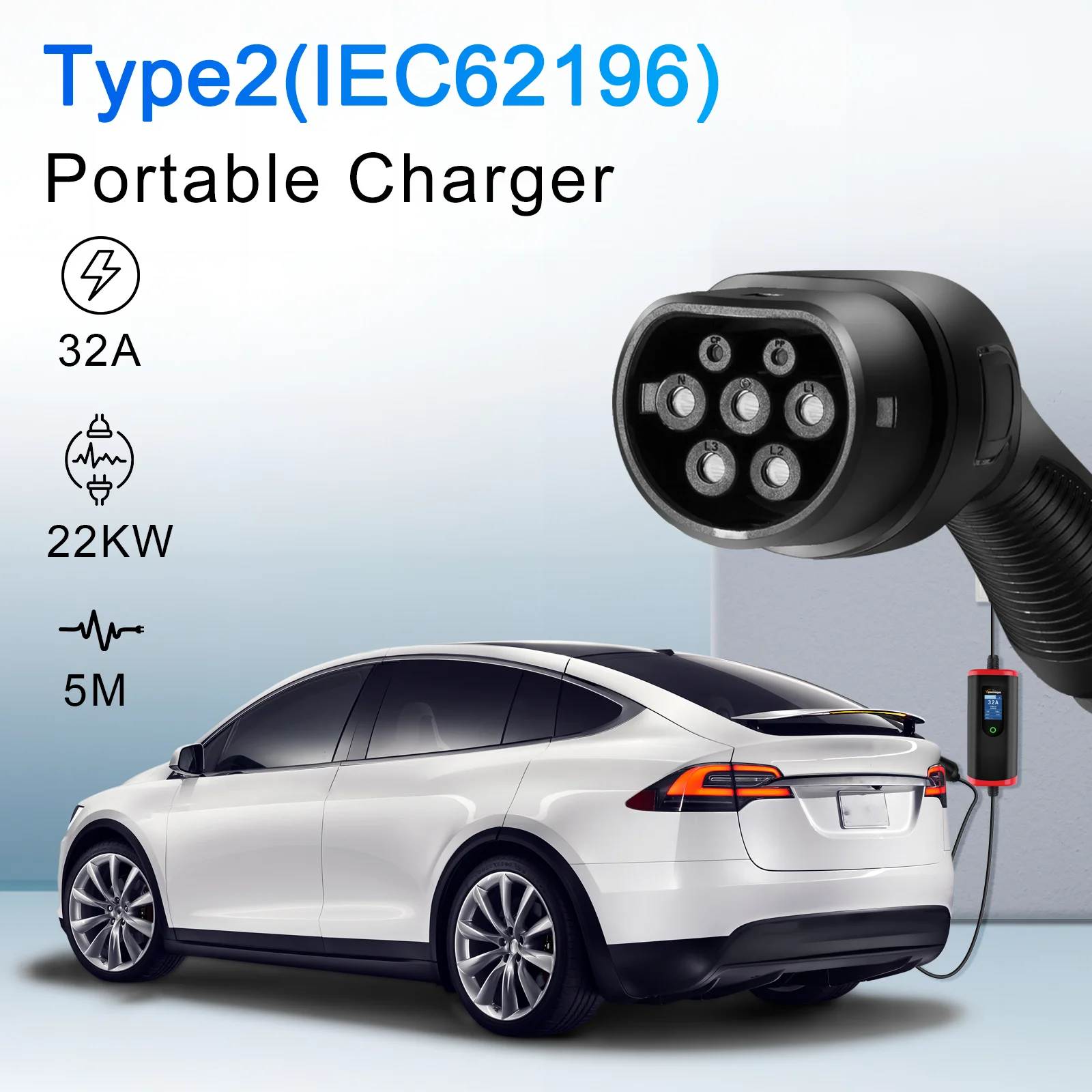 GUWIEYG Type2 22KW Portable EV Charger 32A 3Phase Fast Charging IEC 62196-2 Wallbox EVSE Charging Station for Electric Vehicle