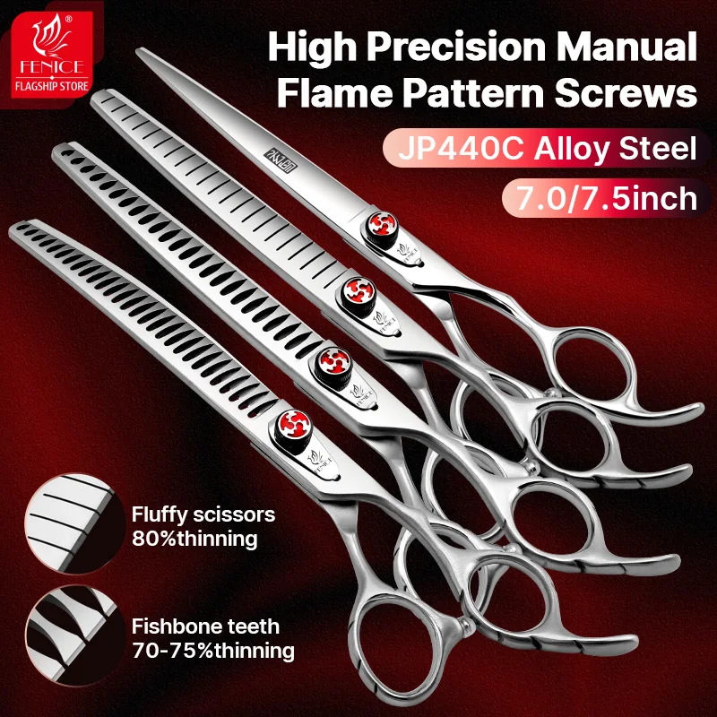 

Fenice Dog Scissors JP440C 7/7.5 inch Flame Screw Pet Straight Fluffy Thinner Shark Teeth Curved Chunker Grooming Scissors
