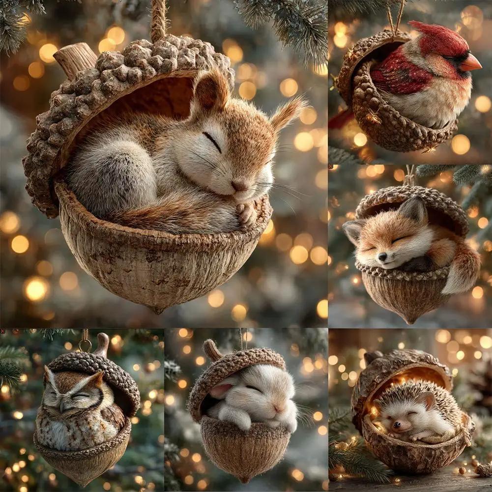 2D Flat Acrylic Forest Animal Acorn Ornaments 2D Cute Christmas Trees Hanging Decor Rustic Home Decor Holiday Gift For Ornament