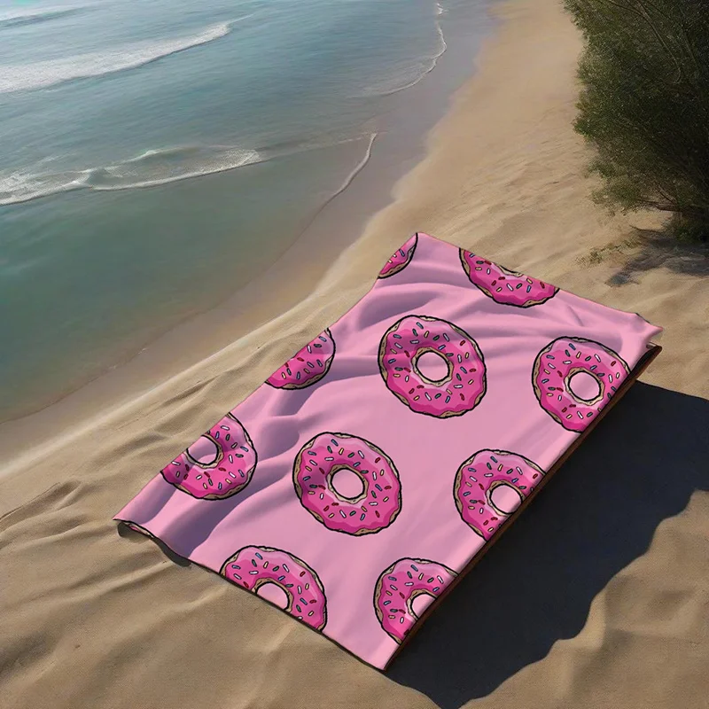 Pink Donut Beach Towel – Cute Cartoon Donut Pattern with Colorful Sprinkles, Sweet Summer Gift for Beach or Pool