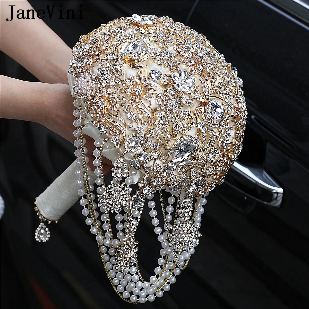 

JaneVini Luxury Gold Rhinestone Bouquet De Noiva Ivory Roses Jewelry Pearl Tassel Crystal Bridal Flower Wedding Bouquet Sposa