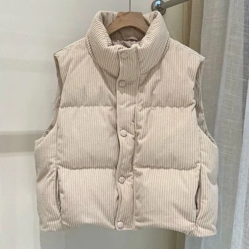 

Women Corduroy Vest Autumn Winter Sweet Japanese Sleeveless Loose Fashion Tanks Button Stand Collar Casual All Match New Coats