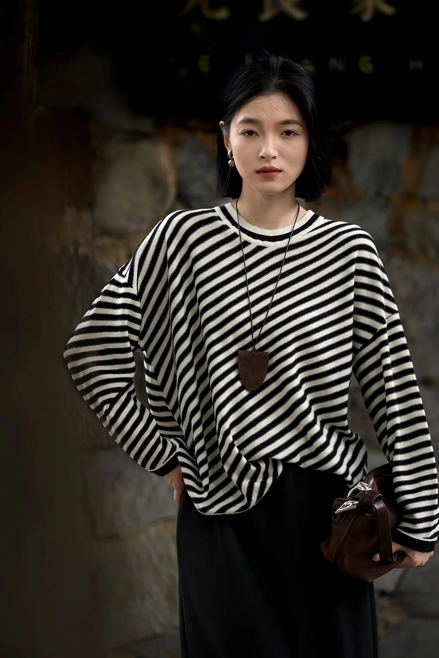 

Birdtree 90% Sheep Wool 10% Cashmere Knit Sweater,Woman Stripe Wool Blend Full Sleeve O-neck Autumn Knitwear Tops T58921JF