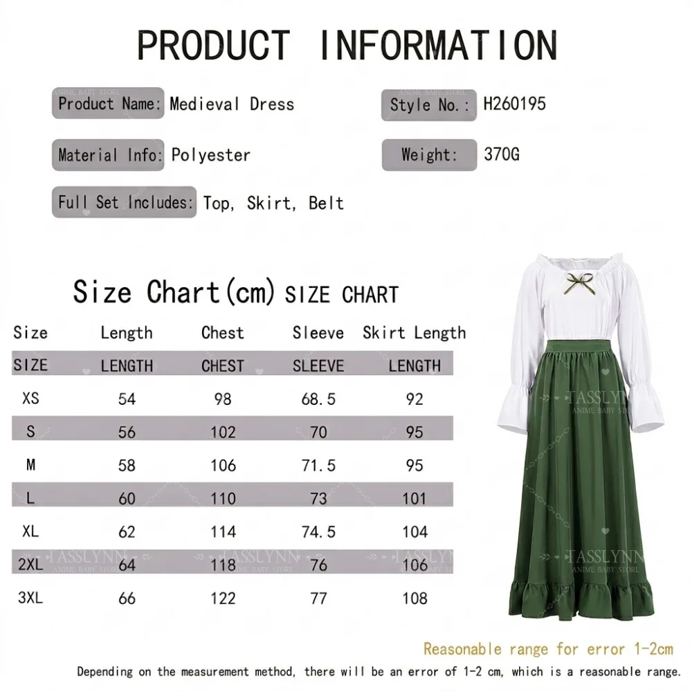 Women European Renaissance Peasant Outfit, Flare Sleeve Frill Hem Maxi Skirt Cottagecore Daily Cosplay Costume view 4