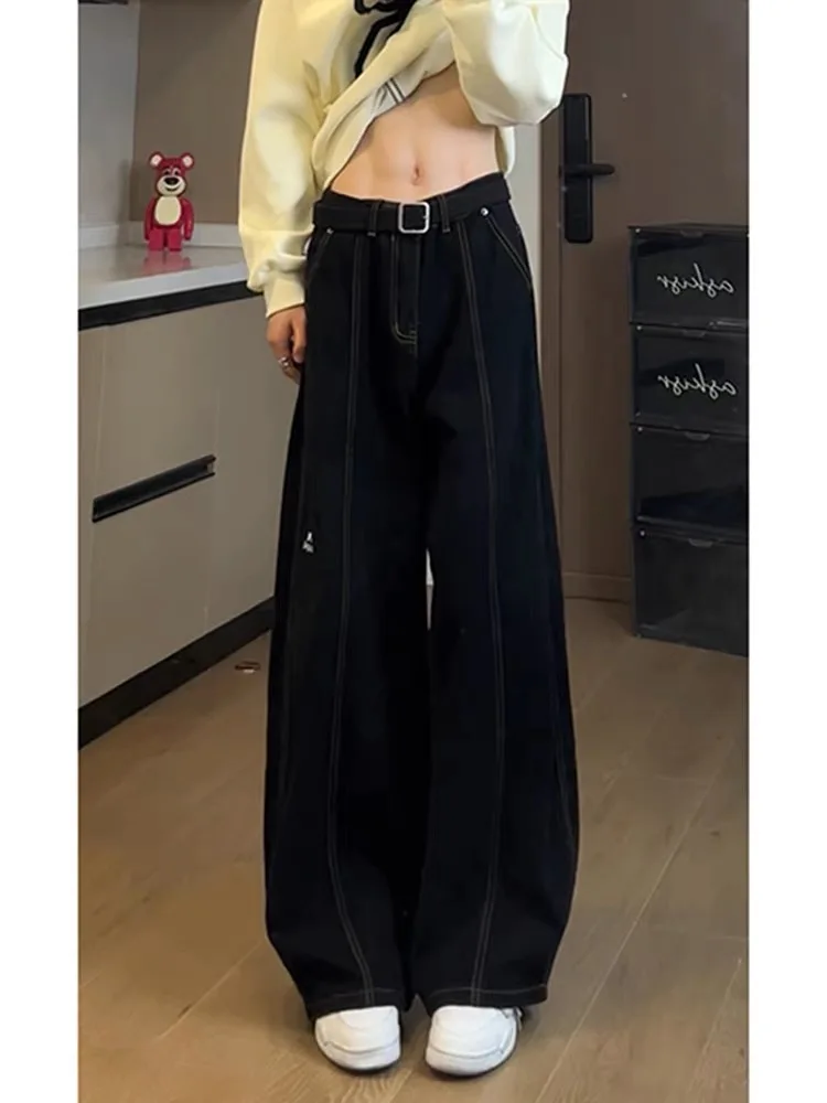 

Black A-Line Denim Jeans Women's Spring Autumn Drapey High Waist Straight Cut Long Pants American Style Washed out Loose Fit