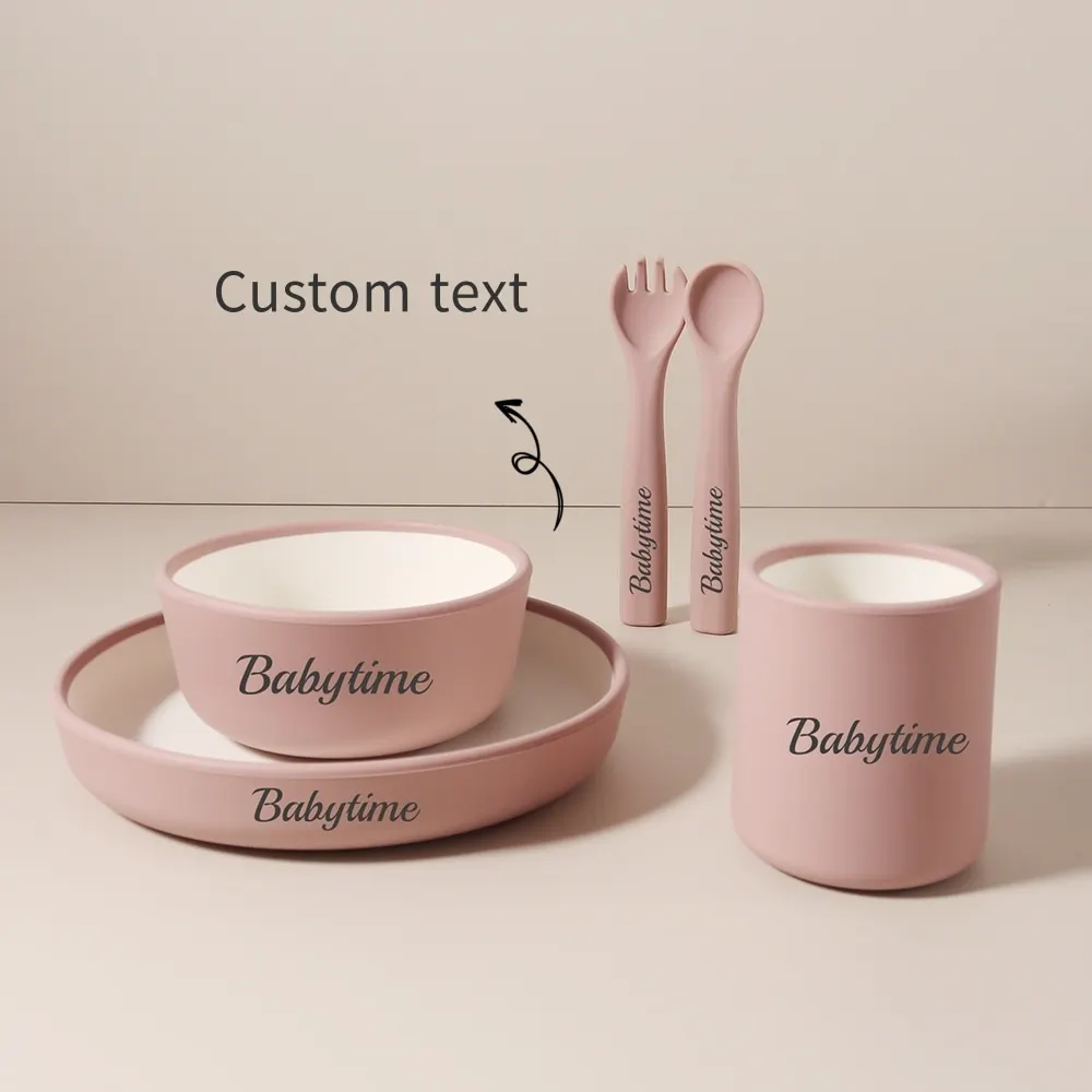 

Минималистичный силиконовый набор для кормления ребенка, 5 предметов, без присоски, тарелка, чашка, вилка, набор ложек, подарок на первый день рождения