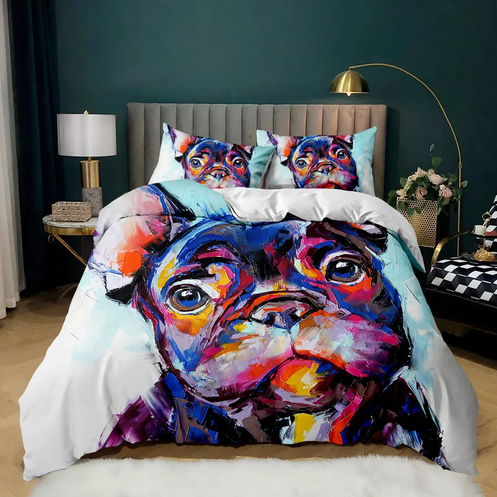 

Multicolor Watercolor Cartoon Dog Duvet Cover - Cute French Bulldog Design, Puppy Theme, for Girls and Boys