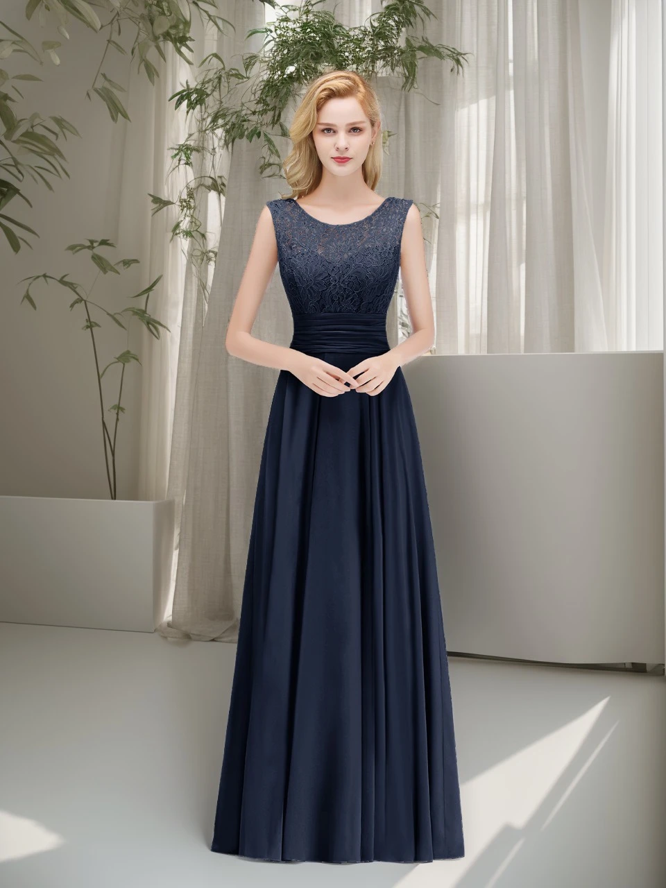 

Elegant A-Line Evening Dresses Floral Lace O-Neck V-Backless Sleeveless Prom Dress Chiffon Pleated Empire Formal Party Gowns