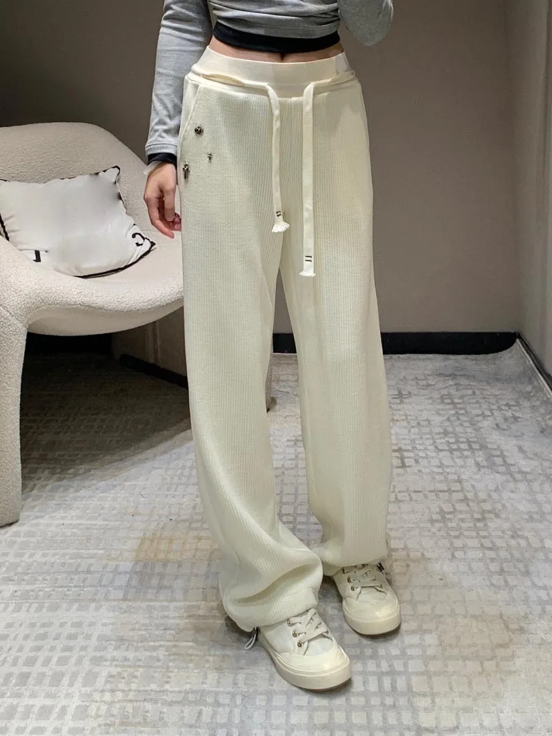 2024 Autumn/Winter New Women's Pants Comfortable and Exquisite Solid Color Drawstring High Waist and High Elasticity Pants