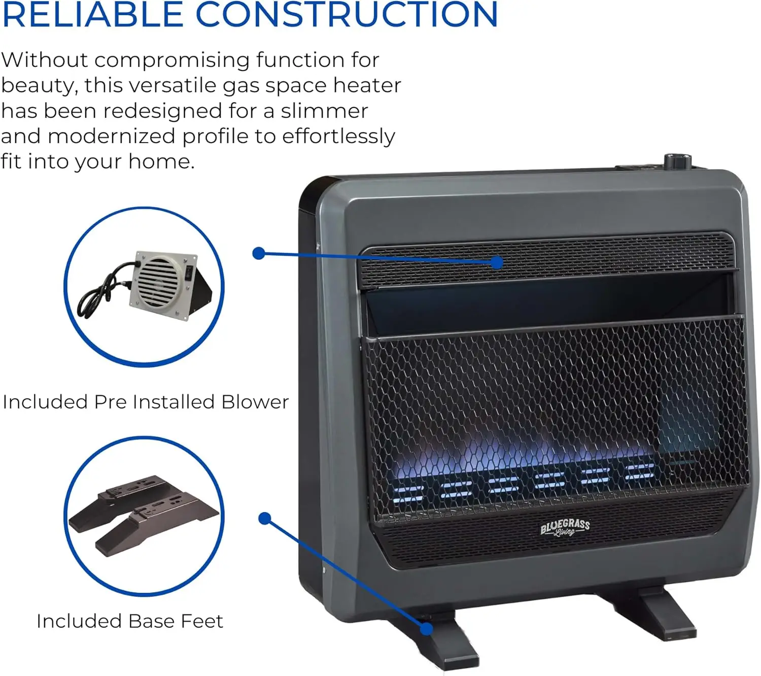 Ventless Natural Gas Blue Flame Space Heater with Thermostat Control 30000 BTU Heats Up to 1400 Sq. Ft. Includes Wall Mount