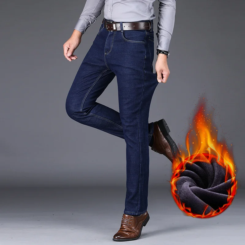 New Men's Fleece Warm Jeans Winter Thicken Plush Velvet Business Office Denim Trousers Brand Clothing Stretch Casual Male Pants