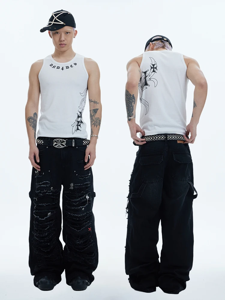 Calças jeans largas de alta resistência, das, modelo DND4DES Design Sensation, com detalhes de rasgos e desgaste, em mist...