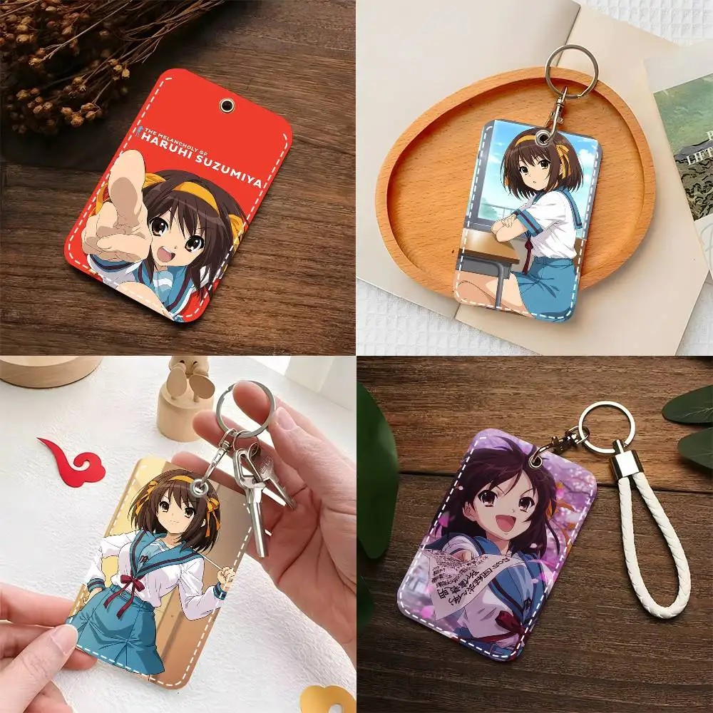 

1pc The Melancholy Of Haruhi Suzumiya Anime Card Case Keychain Access Card Bag Key Tag Ring Leather Card Holder Key Ring Access