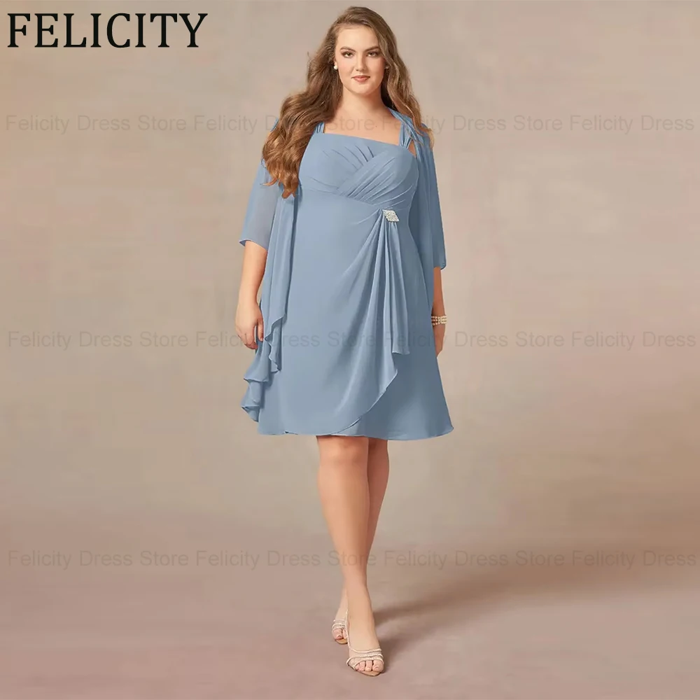 

Plus Size Two Pieces Mother of the Bride Dresses 2025 Customized A-Line Square Knee-Length Crystal Pleat Wedding Guest Dresses