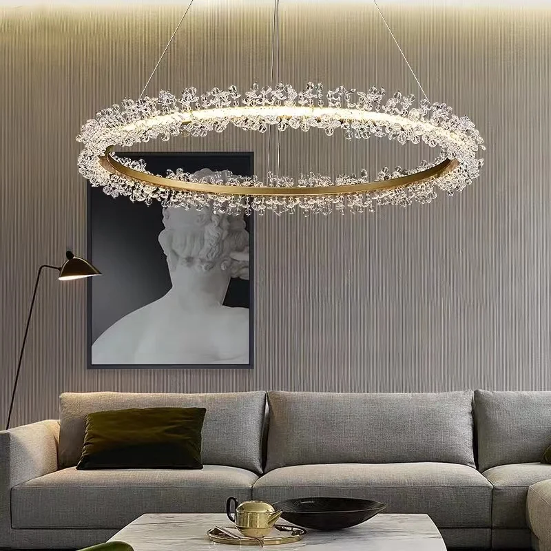 Luksusowa kryształowa lampa wisząca złoty pierścionek LED oświetlenie do salonu jadalni lekki designerski ściemnialny okrągły crystal light