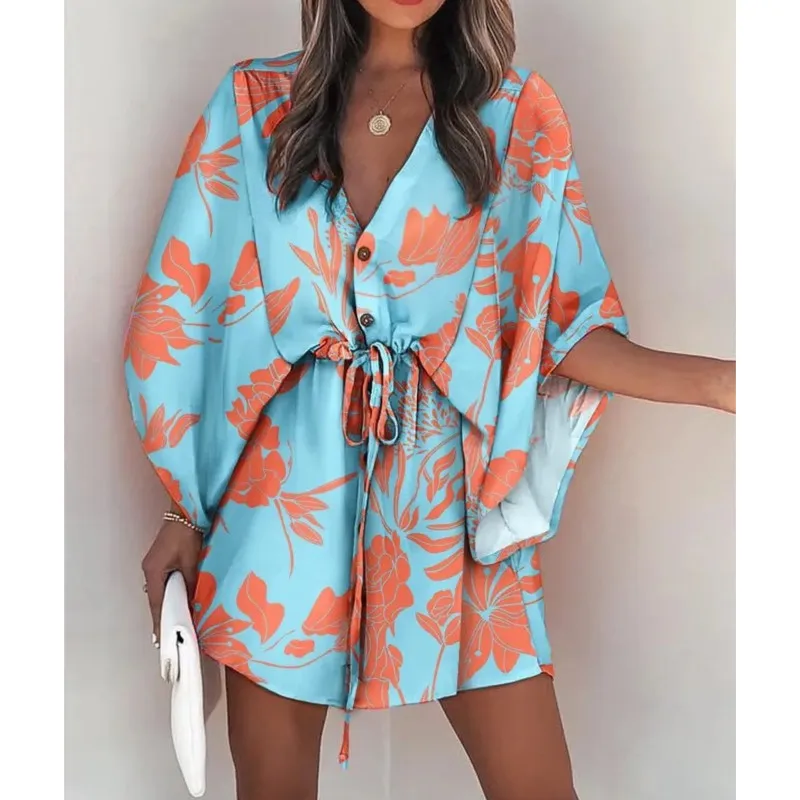 Summer Women's Flying Sleeves V-Neck Lace Up Printed Beach Mini Dresses Sexy Vestidos Mujer Primavera Verano 2023 Holidays