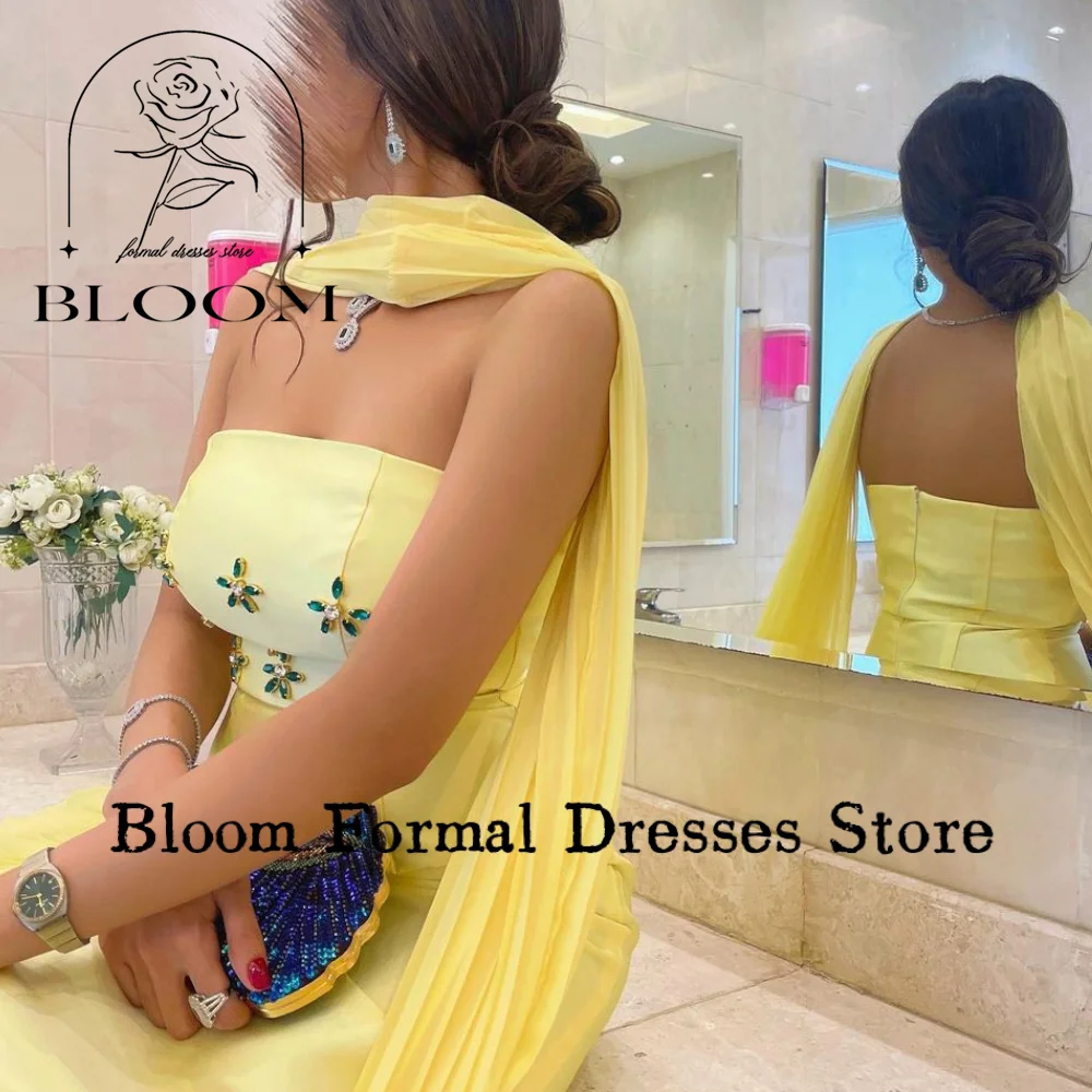 Bloom ที่กําหนดเองสีเหลือง Strapless ชุดราตรีคริสตัลลูกปัด Arabia จีบ Cape ชุดราตรีอย่างเป็นทางการชุดแต่งงาน