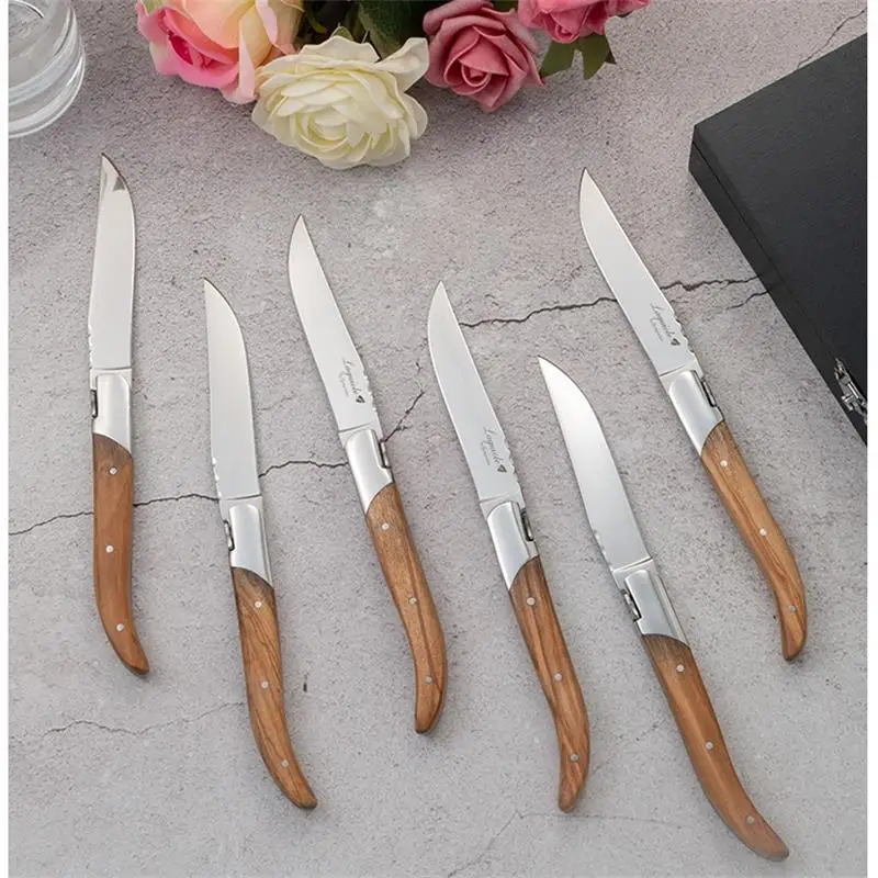 2-10pcs Laguiole Steak Knifes Dinner Knives Olive Wood Handle Dinnerware Stainless Table Knife and Fork Wooden Tableware Cutlery