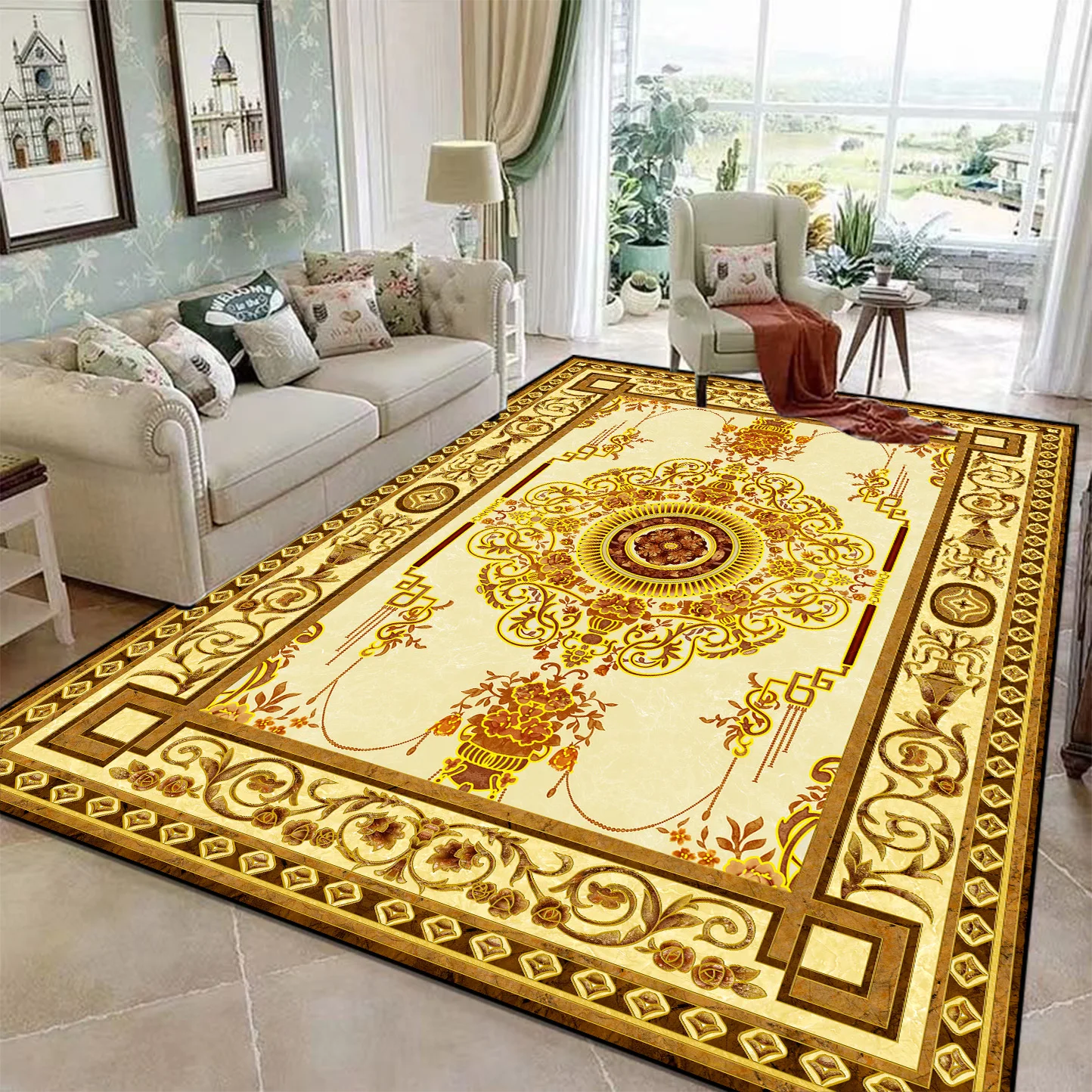 

European Style Gold Carpets for Living Room Decor Big Size Parlor Decoration Sofa Side Floor Mats Soft Non-slip Rugs for Bedroom