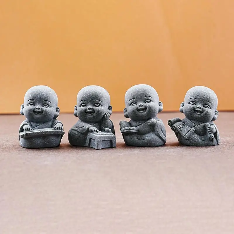 Nouvelles Statues de Petit Moine en Pierre Décoratives pour la Maison (1/4 pièces) avec Ambiance Zen Sereine, Ornement pour Espace de Méditation, Bureau, Cadeaux Significatifs