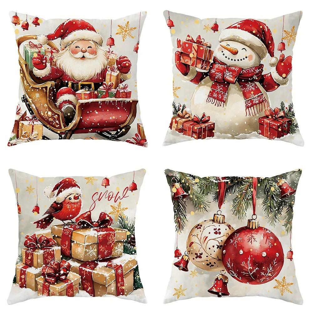 Funda de almohada con decoración navideña, 45 × 45 cm, estampado de Papá Noel/muñeco de nieve/pájaro, regalo de Año Nuevo