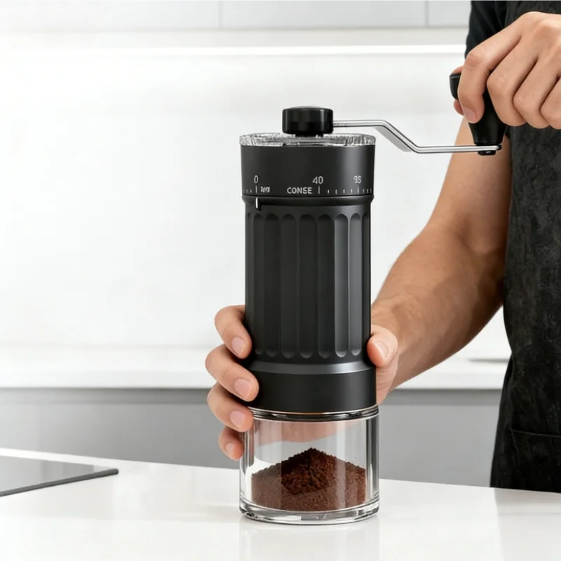 Manual Hand Crank Coffee Grinder - Portable Adjustable Bean Mill with External Settings for Travel and Home Use