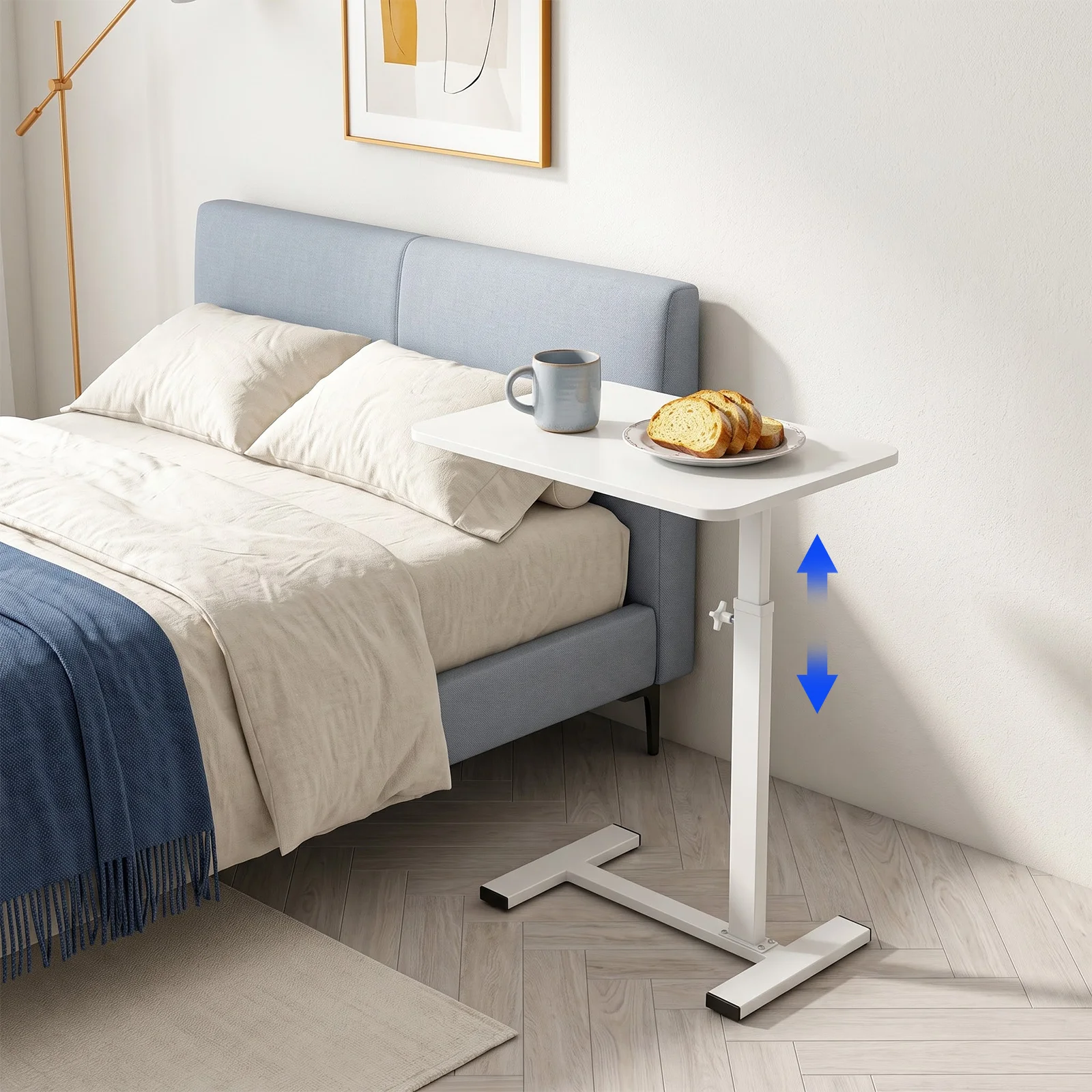 60x40cm White Adjustable Hospital & Home Use Bed Table, 44.09lbs, Bedside Table, Rolling Laptop Table, MDF, for Homes, Hospitals, Offices, Reading, Working, Dining