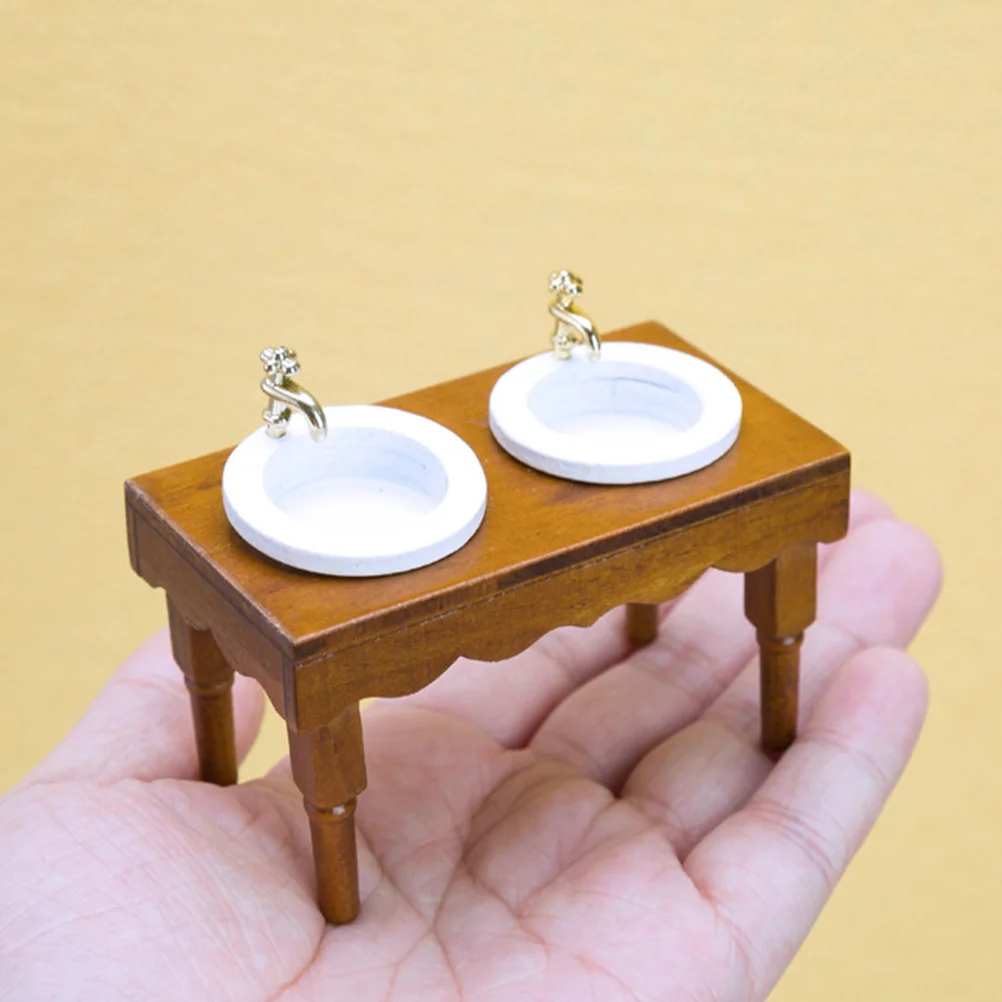 

1:12 Dollhouse Miniature Furniture Bathroom Scene Double Basin Wash Sink Home Decor Decoration Wooden Cabinet Adornment Kitchen