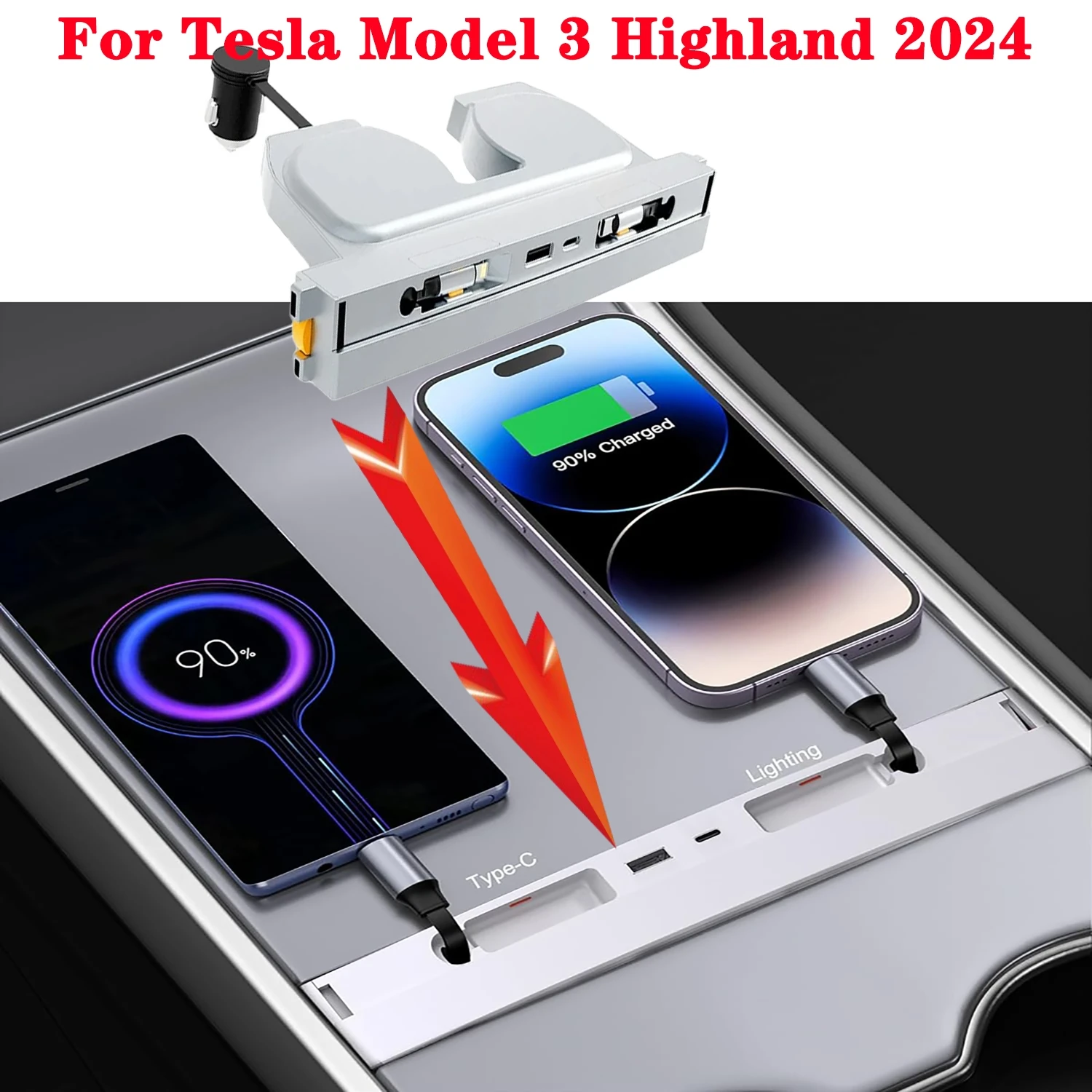 For Tesla Model 3 Highland 2024 USB Hub Docking Station, 4 ports Retractable 80cm Light-ning&Type C Fast Charging Cable