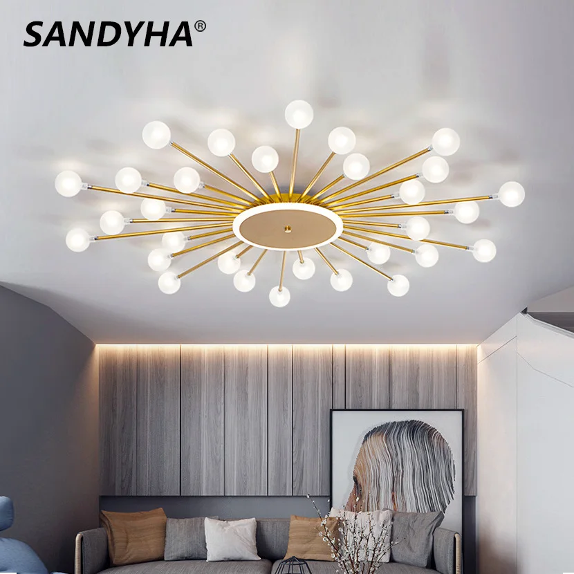 SANDYHA Modern Glass Ball Shade Chandeliers Black Gold Metal Ceiling Lamp For Living Room Bedroom Indoor Hanging Light Fixture