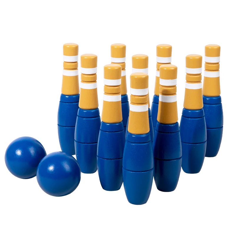

New Design Indoor and Outdoor Family Game Kids Wooden Bowling Balls Toy Set Early Educational Blue Bowling Toy for Kids Adult