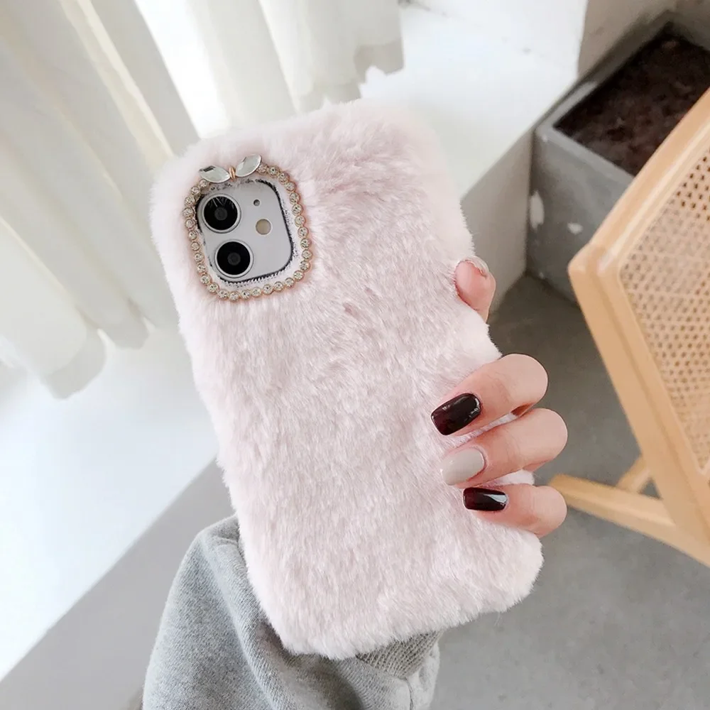 Cute Plush Case for iPhone 15 14 13 12 11 pro X XR XS Max 7 8 Plus SE 2022 Soft Winter Warm Fur Protective Shell Cover