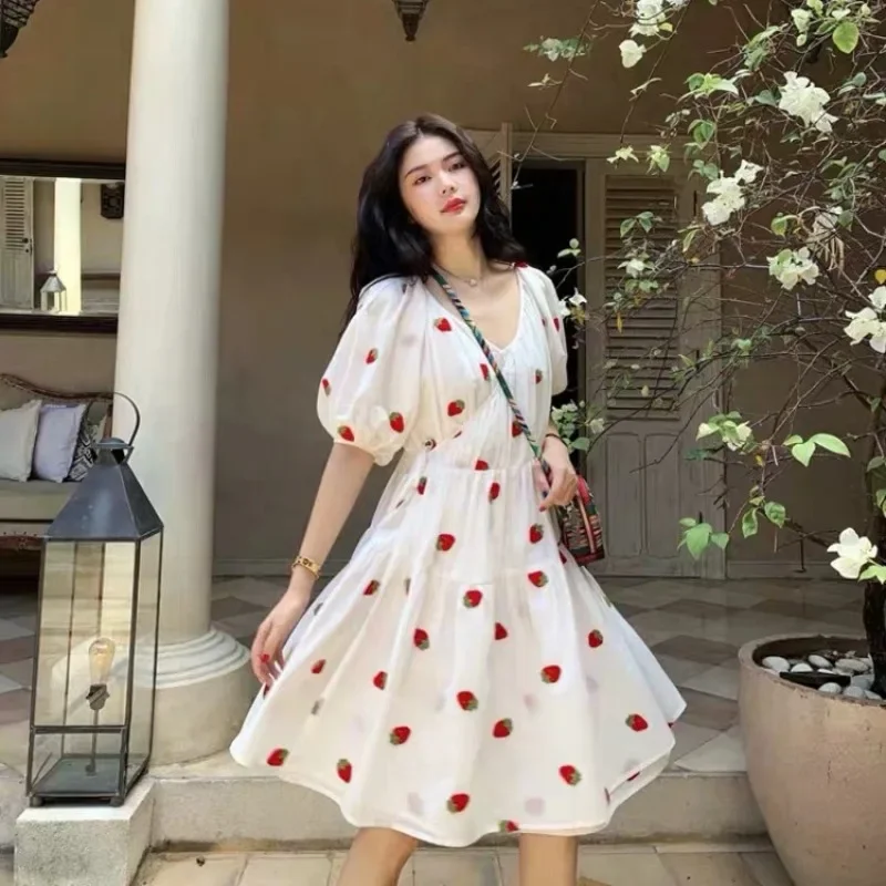 Summer Puff Sleeve Strawberry Dress Women V Neck Cotton Fruit Dresses Lace Up Loose Casual Tiered Skirt White New Sweet Clothing