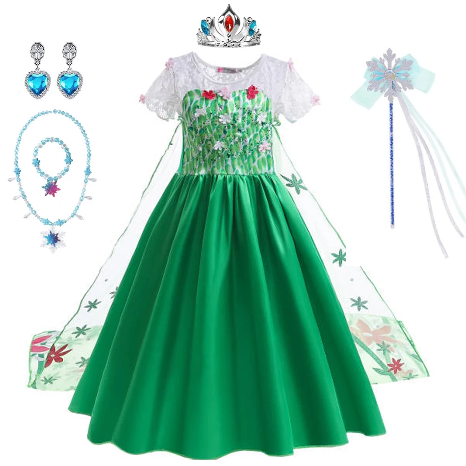 Elsa Green Dress for Kids Girl Princess  Costume Dresses  Children Long Cloak Floral Lace Ball Gown Summer