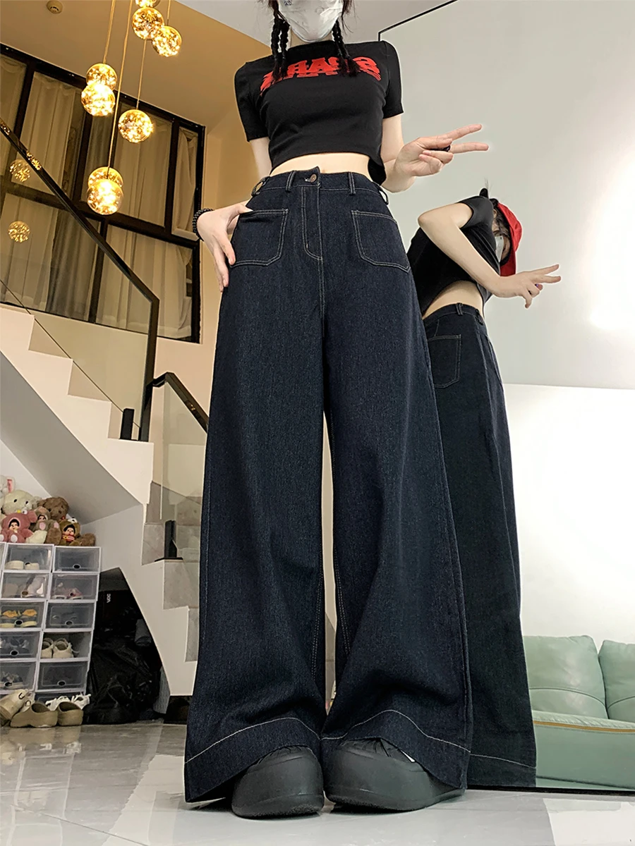 

Vintage Pockets Straight Denim Trousers Female High Waist Loose Wide Leg Jeans Women Streetwear All-Match Casual Pants New G129